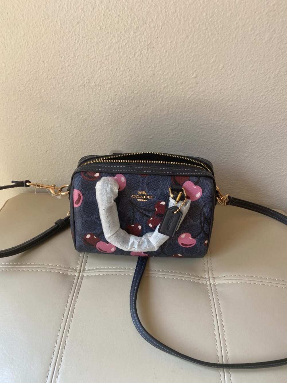 COACH CY741 MINI ROWAN CORSSBODY BAG CHERRY PRINT DENIM BLUE
